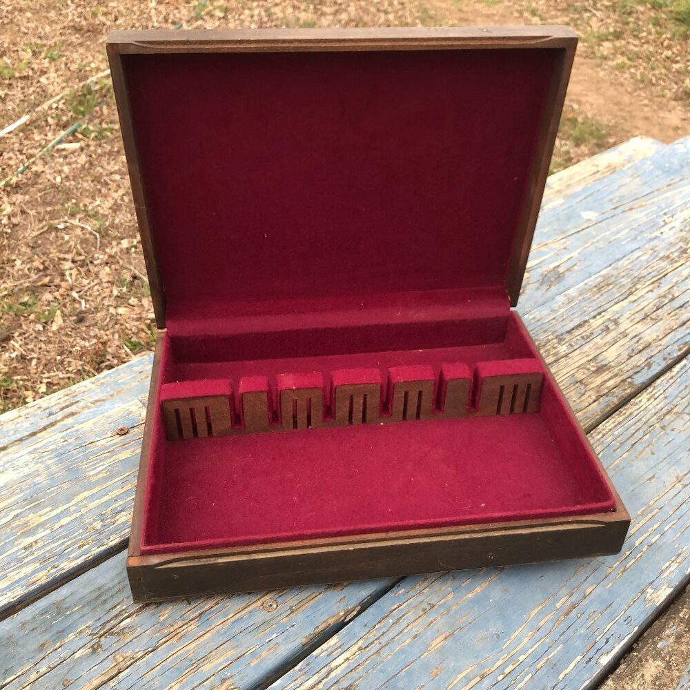 Vintage Wooden Silverware Flatware Storage Chest with Burgundy Felt-lined Interi